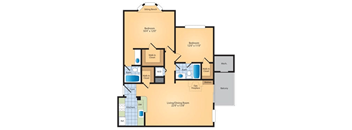 A floor plan of a house with two bedrooms, a living room, a kitchen, a bath, and a balcony