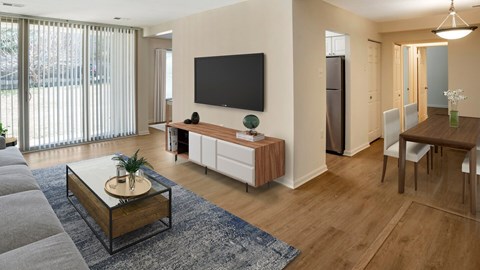 Open concept living and dining area at Tysons Crossing Apartments, Tysons, VA