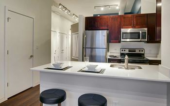 a kitchen with a counter top and a stainless steel refrigerator at The Harriet Apartments, Maryland, 21202