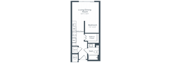A floor plan of a small apartment with a living/dining room, kitchen, bedroom, and bathroom.