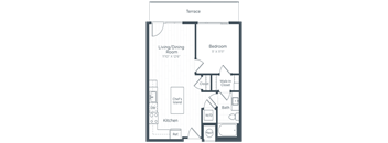 A floor plan of a small apartment with a living/dining room, kitchen, bedroom, and bathroom.