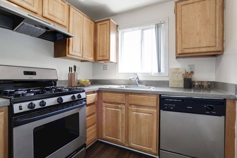 A kitchen with a stove, sink, and cabinets.