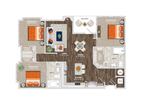 3  Bed 2 Bath Lavarone Floor Plan at Trelago Apartments, Florida