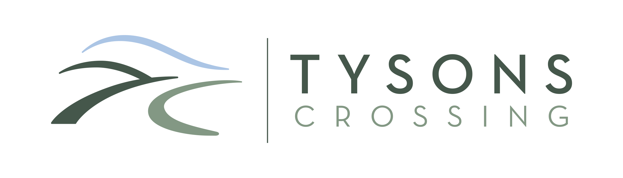A logo with the words Tysons Crossing next to a stylized image of a road.
