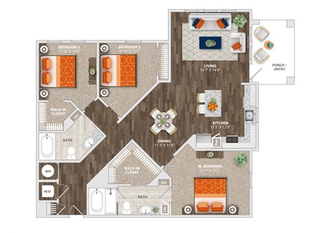 3 Bed 2 Bath Lugano Floor Plan at Trelago Apartments, Florida