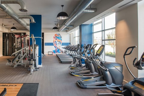 A gym with exercise equipment. at Dock 79, Washington