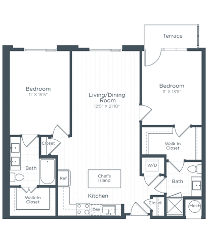 a floor plan of a bedroom apartment at Highgate at the Mile, McLean Virginia