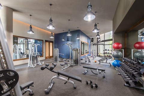 Workout room with weights and other exercise equipment at Highgate at the Mile, McLean