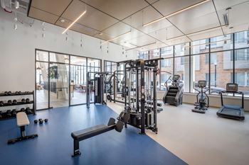 A gym with a variety of equipment including weights, treadmills, and exercise machines at Jayde Parkside Apartments, Washington, DC