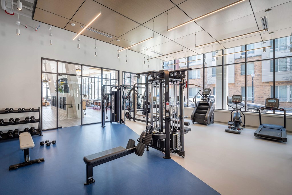 A gym with a variety of equipment including weights, treadmills, and exercise machines at Jayde Parkside Apartments, Washington 20019