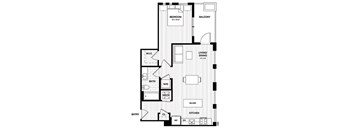 One bedroom floor plan with balcony at Vandeveer Apartments, Jacksonville