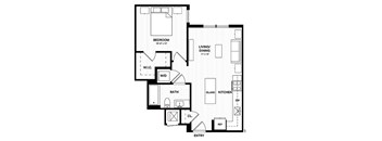 One bedroom apartment floor plan with island kitchen at Vandeveer Apartments, Jacksonville, Florida