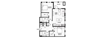 Two bedroom apartment floor plan layout at Vandeveer Apartments, Jacksonville, FL 32202