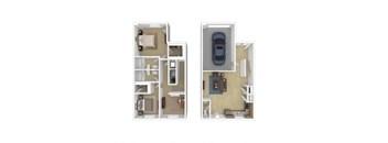 A floor plan of a two-bedroom apartment with a car parked in the garage.