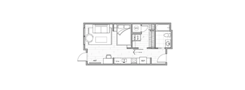 A floor plan of a house with a kitchen, living room, and bathroom.