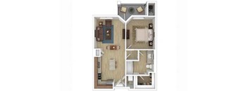 A floor plan of a house with a kitchen, living room, and two bedrooms.