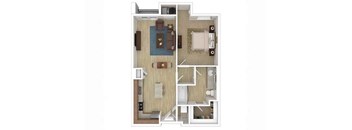 A floor plan of a small apartment with a kitchen, living room, and bathroom.