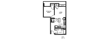 A floor plan of a one bedroom apartment with a kitchen and bath.