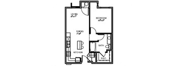 A black and white floor plan of a house with a living room, dining room, kitchen, bedroom, bathroom, and a workshop.