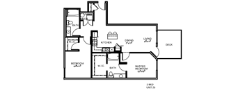A black and white image of a floor plan for a 2 bedroom unit.