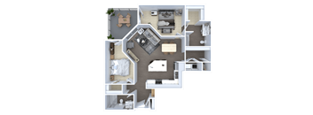 A 3D floor plan of a house with a central open space and rooms surrounding it.