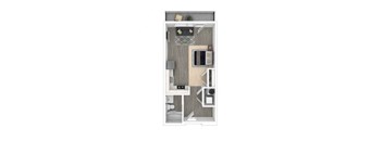 A floor plan of a small apartment with a kitchen, living room, and bedroom.
