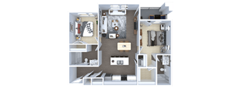 A detailed 3D floor plan of a small apartment layout.