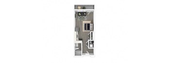 A floor plan of a small apartment with a kitchen, living room, and bathroom.