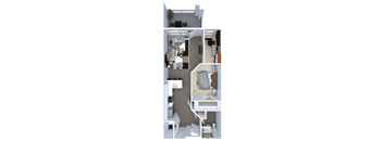 A 3D floor plan of a small apartment with a kitchen, living room, and bedroom.