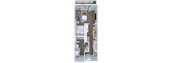 A top-down view of a small, modern apartment with a kitchen, living room, and bathroom.