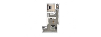 A floor plan of a house with a kitchen, living room, and two bedrooms.