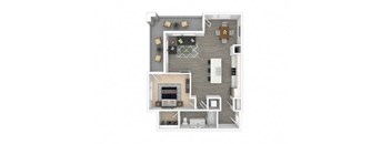 A floor plan of a house with a living room, kitchen, and bathroom.