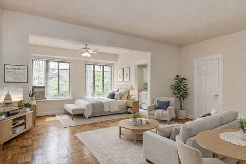 A living room with a television, couches, and a rug.