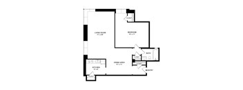 A floor plan of a small apartment with a living room, bedroom, kitchen, dining area, and bathroom.