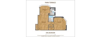 A drawing of a one bedroom apartment with a park terrace.
