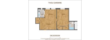 A floor plan of a one bedroom apartment in Tivoli Gardens.