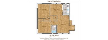 A floor plan of a Tivoli Gardens apartment with two bedrooms.
