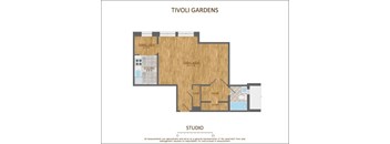 A floor plan of a studio apartment with a kitchen, living area, and bathroom.