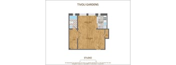 A floor plan of a studio apartment with a living area, dining area, kitchen, and bathroom.
