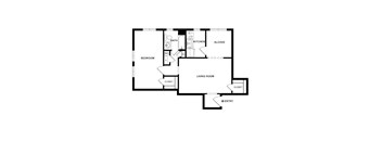 A floor plan of a small apartment with a bedroom, living room, kitchen, and bathroom.