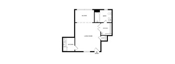 A floor plan of a small apartment with a living room, kitchen, bathroom and dressing area.