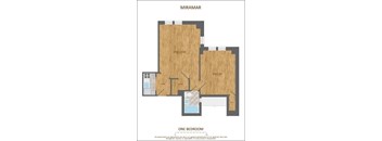 A floor plan of a one bedroom apartment named Miramar.