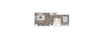 A floor plan of a living and dining room with a kitchen and a bedroom.
