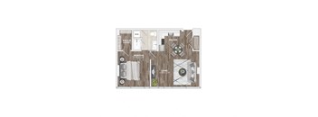 A floor plan of a small apartment with a kitchen, living room, and bedroom.