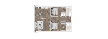 A floor plan of a house with a kitchen, living room, and two bedrooms.