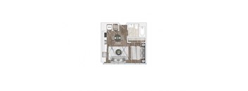 A floor plan of a studio apartment with a kitchenette, living room, and bathroom.