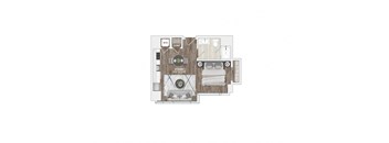 A floor plan of a studio apartment with a kitchen, living room, and bathroom.