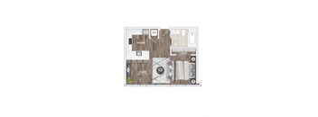 A floor plan of a studio apartment with a kitchen, living room, and bathroom.