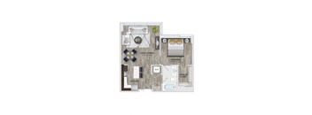 A floor plan of a small apartment with a living room, dining area, kitchen, and two bedrooms.
