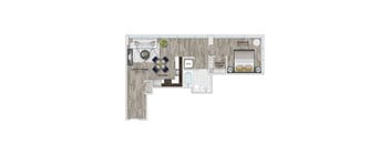 A floor plan of a small apartment with a living room, dining room, kitchen, and bedroom.